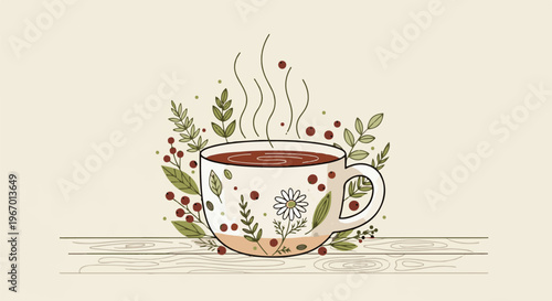 Steaming cup of beverage adorned with leaves, berries, and a daisy, resting on wood