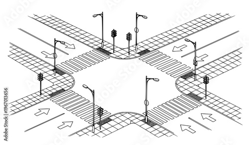 Isometric city intersection crosswalk black and white sketch with roads sidewalks and traffic layout vector illustration