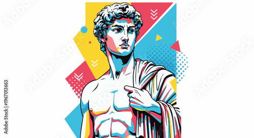 Stylized classical sculpture with bold geometric abstract background