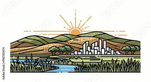 Stylized landscape with rolling hills, urban skyline, and a serene wetland at sunrise