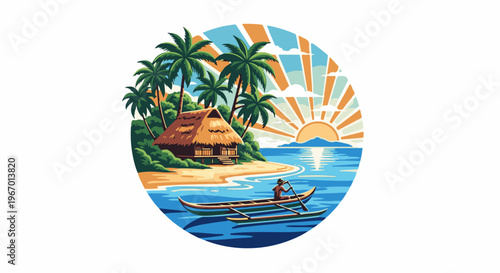 Tropical island scene with a hut, palm trees, and a canoe at sunrise