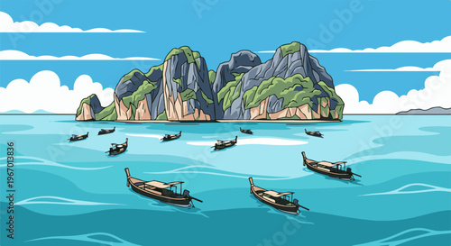 Tropical island with boats on turquoise water under a blue sky
