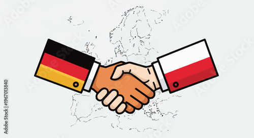 Two hands shaking over a map of Europe, representing diplomacy