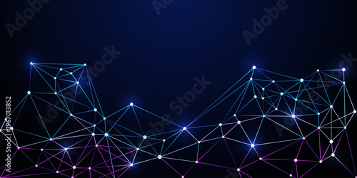 Abstract digital network background with glowing connected nodes and bright lines on a dark blue gradient illustrating data communication, technology flow, and futuristic connectivity.