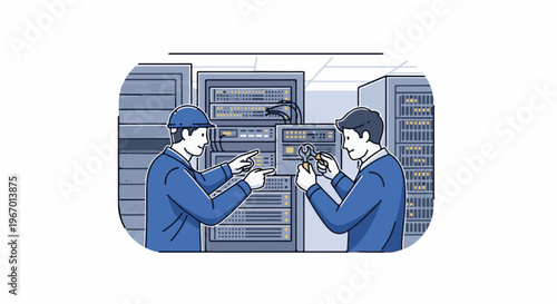 Two technicians work on computer server racks, one points, one holds tools
