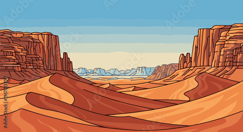 Vast desert landscape with towering red rock formations and rolling sand dunes