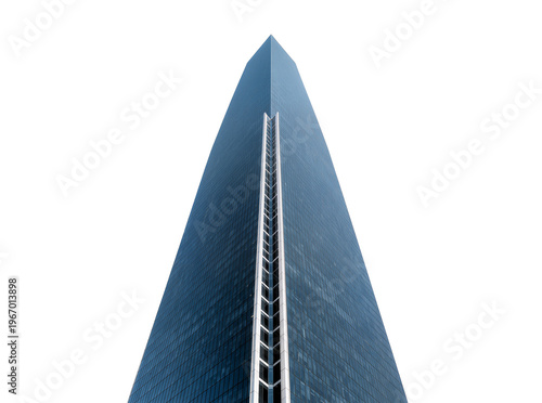 Bild auf Leinwand Sleek modern blue glass skyscraper building, viewed from below, with a reflectiv