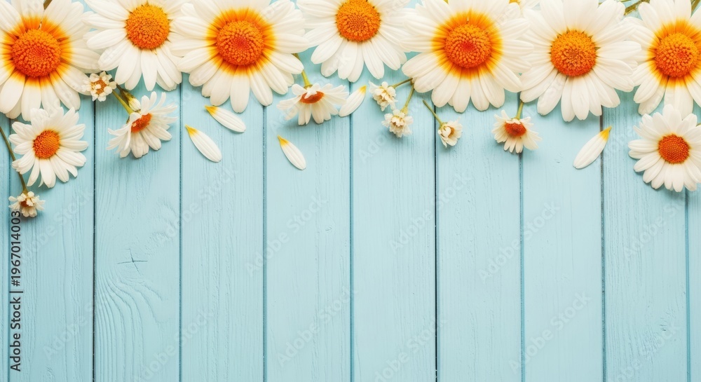 Fototapeta premium A vibrant floral arrangement of sunflowers and daisies against a light blue wooden background