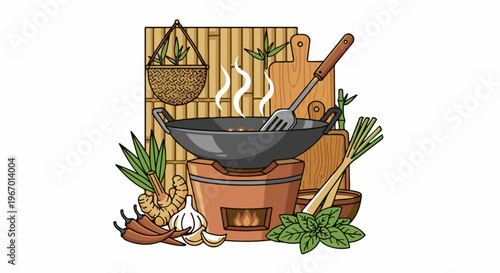 Wok cooking with fresh ingredients on a bamboo background