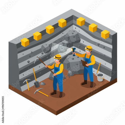 Isometric Gold Mine Illustration with Miners Extracting Gold.