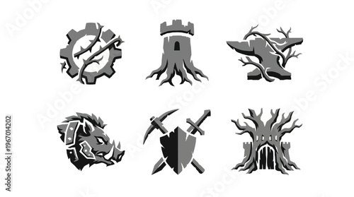 Six fantasy icons depict medieval mining tools and mystical tree environments.