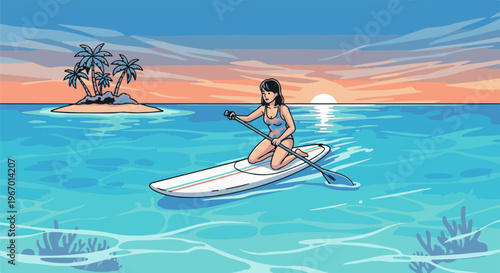 Woman paddles on a surfboard in clear turquoise water near a tropical island