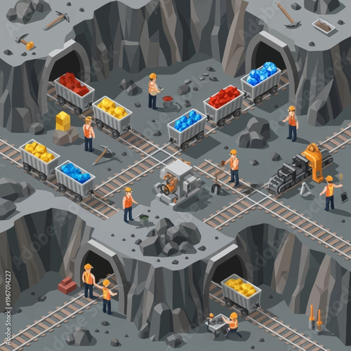 Isometric Mine Scene with Workers and Ore Carts Illustration.