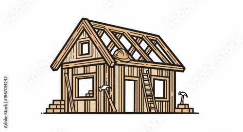 Wooden house under construction with tools and safety helmet
