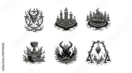 Six fantasy illustrations depict various themed icons including a skull and castle.