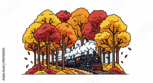 A vintage steam train travels through a colorful autumnal forest