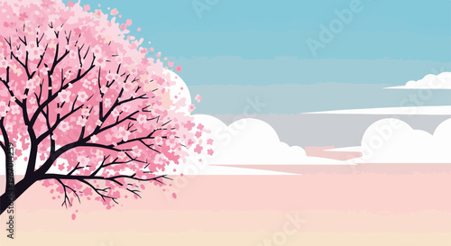 A flowering tree with delicate pink blossoms against a soft pastel sky