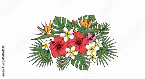 A vibrant tropical floral arrangement with red hibiscus and plumeria