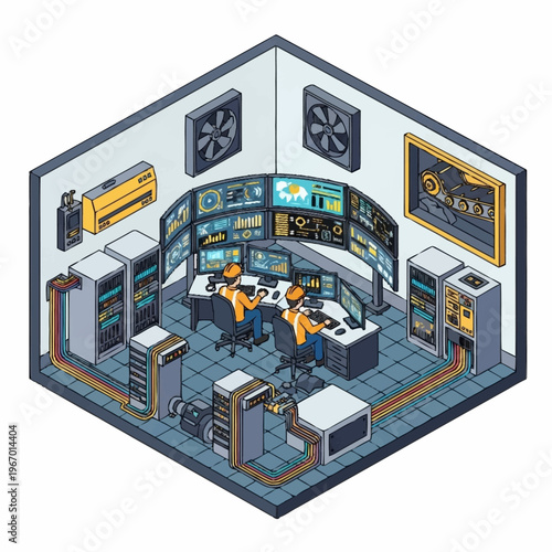 Isometric Control Room Illustration - Servers, Monitors, and Operators.