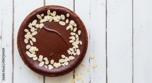 A chocolate dessert with sesame seeds on a white wooden surface looks delicious and appetizing to ea