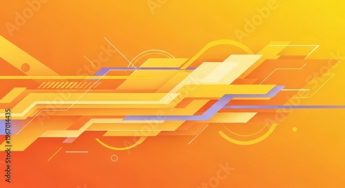 Vibrant orange and yellow abstract background with geometric shapes and lines in futuristic digital 
