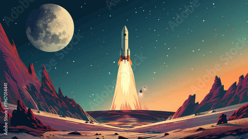 Rocket launching into space under moonlight with rocky terrain and stars