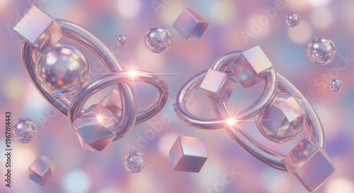 shiny metallic objects and spheres on a colorful background with bokeh effect in pastel colors and l
