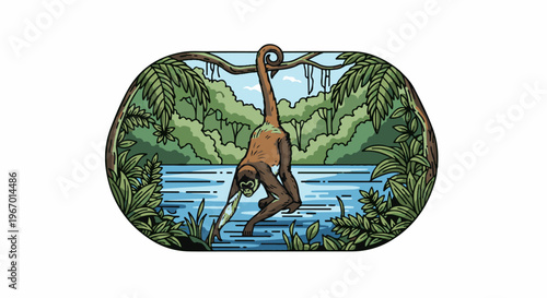 A monkey hangs upside down from a branch above a river