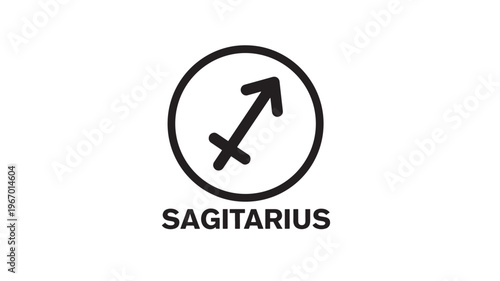 Sagittarius zodiac symbol with an arrow inside a circle and the word Sagittarius below in bold black font on a white background.
