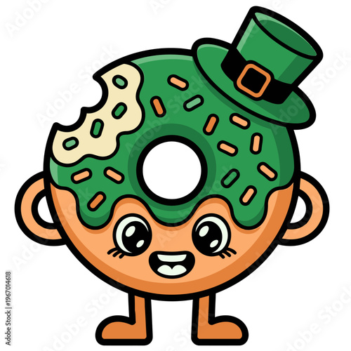 Cartoon donut character with green leprechaun hat