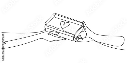 A single continuous line drawing showing two hands presenting a gift box with a heart symbol on it Vector, illustration