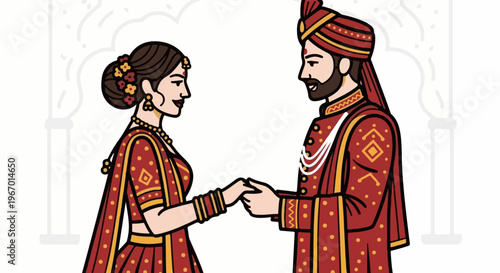 Couple in traditional wedding attire holding hands