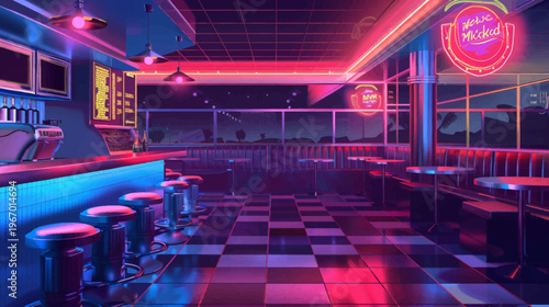Retro diner interior with neon lights and checkered floor illustration