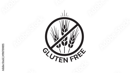 Wheat stalks with a prohibition sign and text reading 'GLUTEN FREE' in a circular design, symbolizing dietary restrictions.