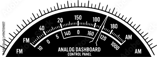 Radio tuner frequency tuning. Analoog dashboard inscription, control panel. Radio receiver tuner dial scale. Old hi-fi Stereo or mono tuner FM AM band. Radio frequency scales. Radio station signal