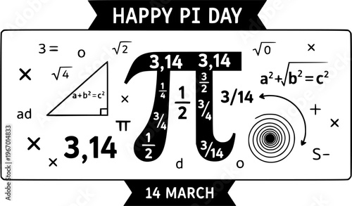 Happy PI day, 14 march, Pythagoras mathematical numbers series ( 3.14 3,14 3/14 ) symbol. Fun vector maths icon or sign banner Ratios letters formula structure. Archimedes constant irrational number 