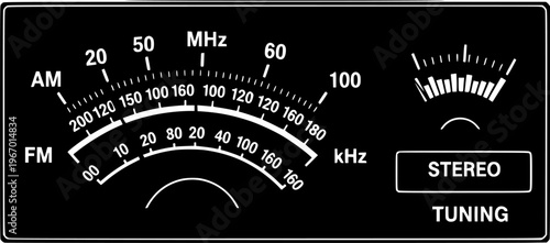 Radio tuner frequency tuning. Analoog dashboard inscription, control panel. Radio receiver tuner dial scale. Old hi-fi Stereo or mono tuner FM AM band. Radio frequency scales. Radio station signal