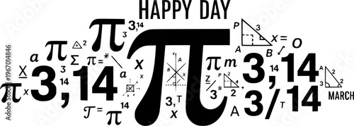 Happy PI day, 14 march, Pythagoras mathematical numbers series ( 3.14 3,14 3/14 ) symbol. Fun vector maths icon or sign banner Ratios letters formula structure. Archimedes constant irrational number 