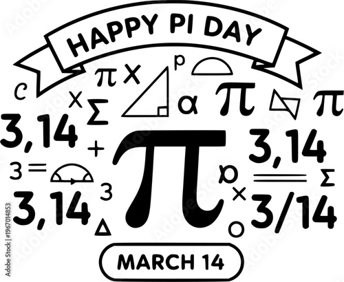 Happy PI day, 14 march, Pythagoras mathematical numbers series ( 3.14 3,14 3/14 ) symbol. Fun vector maths icon or sign banner Ratios letters formula structure. Archimedes constant irrational number 