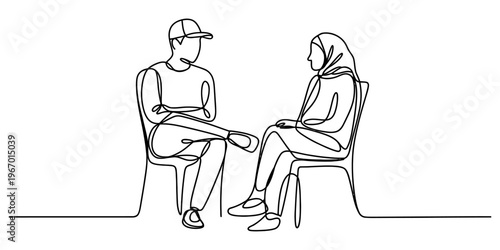 Continuous line drawing of a man and a woman sitting on chairs engaged in a thoughtful discussion Vector, illustration