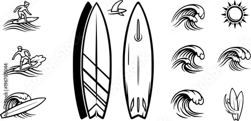 Cartoon surf board for wave, Surfboard front, top and side view. Surfer for water sport. surfing emblems, icon and label. Surfboards symbol. summer beach activity, surfing on sea waves sport