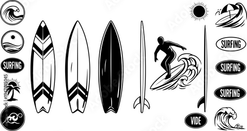 Cartoon surf board for wave, Surfboard front, top and side view. Surfer for water sport. surfing emblems, icon and label. Surfboards symbol. summer beach activity, surfing on sea waves sport