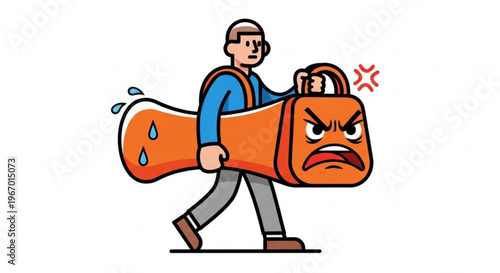 A determined cartoon character struggles to carry an overwhelmingly heavy and anthropomorphic angry gym bag, symbolizing the challenging effort and burden of fitness goals and daily commitments