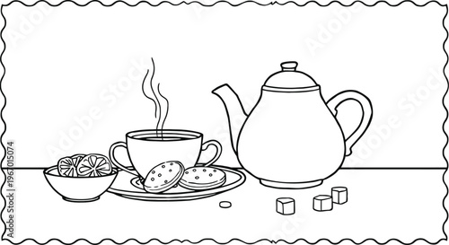 Tea time vector illustration with teapot steaming cup biscuits sugar cubes and cozy line art design for beverage culture awareness