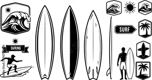 Cartoon surf board for wave, Surfboard front, top and side view. Surfer for water sport. surfing emblems, icon and label. Surfboards symbol. summer beach activity, surfing on sea waves sport
