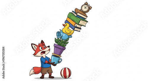 Amusing cartoon illustration of a fox struggling to balance a tall stack of items, including books, a potted plant, and toys, with a ball at its feet
