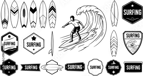 Cartoon surf board for wave, Surfboard front, top and side view. Surfer for water sport. surfing emblems, icon and label. Surfboards symbol. summer beach activity, surfing on sea waves sport