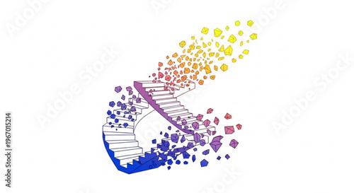 Conceptual illustration of a vibrant, winding staircase transforming into a burst of colorful particles, symbolizing change, evolution, and the path of progress