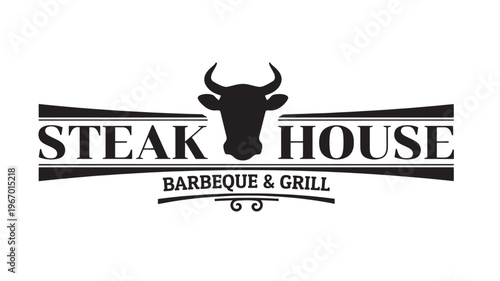 Steak House Barbeque & Grill logo with a silhouette of a bull's head and decorative accents featuring restaurant, food, meat with beef and cattle