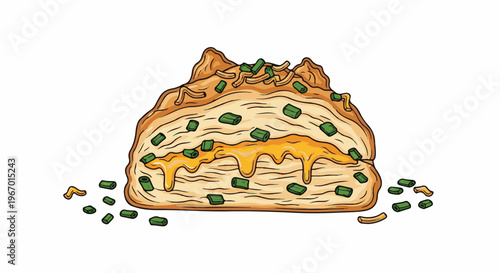 Close-up illustration of a baked dish generously topped with melted cheese and green onions